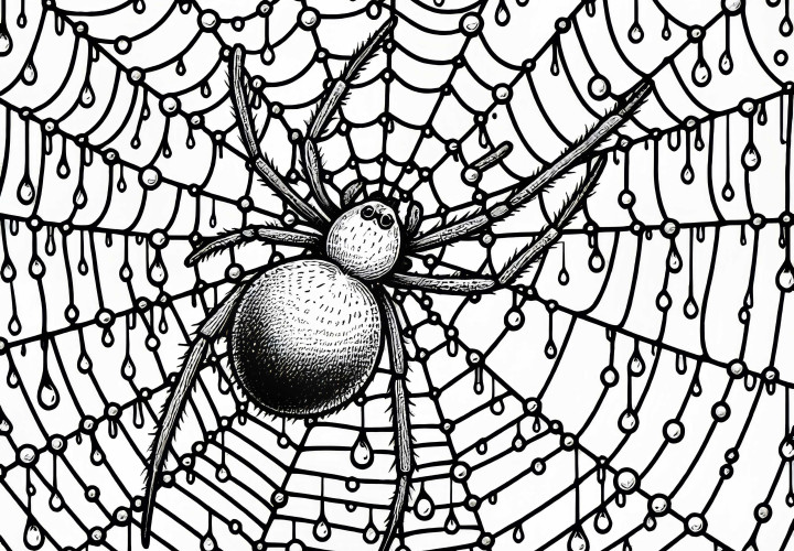 Pavúk v strede veľkej pavučiny s kvapôčkami na vláknach – bezplatná omalovánka