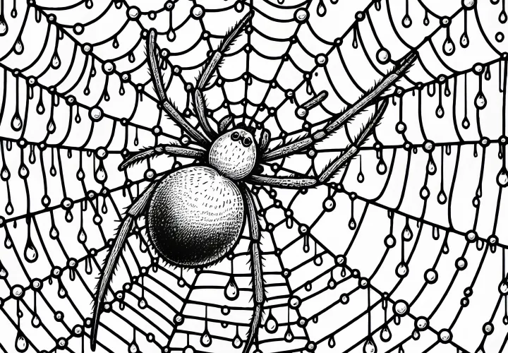 Pavúk v strede veľkej pavučiny s kvapôčkami na vláknach – bezplatná omalovánka