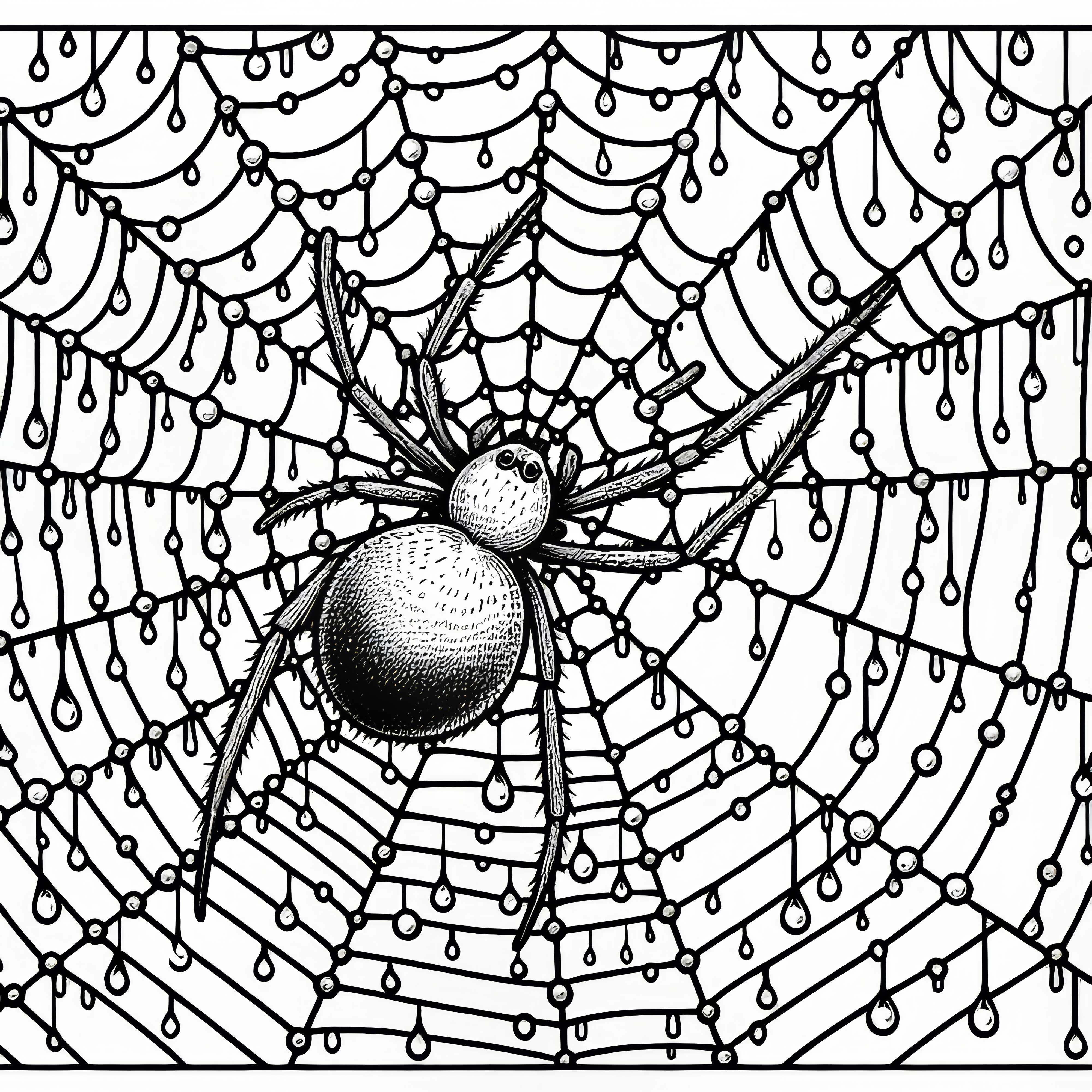 Pavúk v strede veľkej pavúčej siete s rosou na vláknach – omalovánka zadarmo