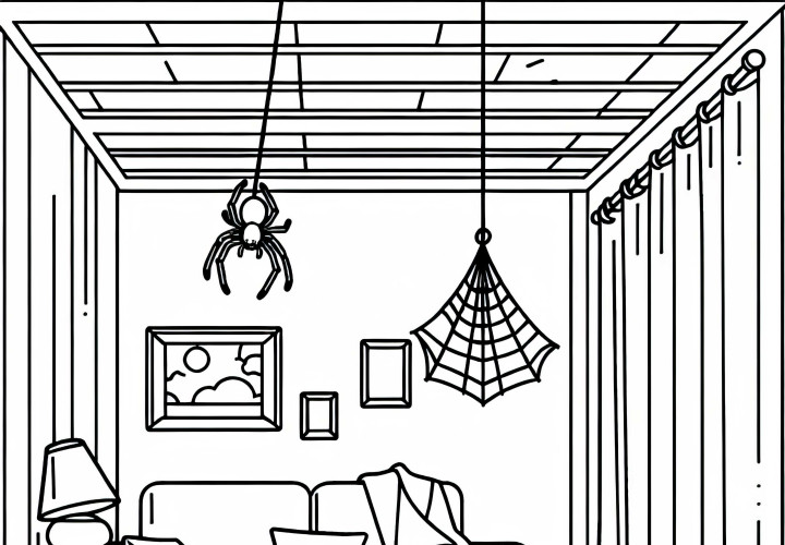 Pavúk visí na niti zo stropu izby – obrázok na vymaľovanie zadarmo