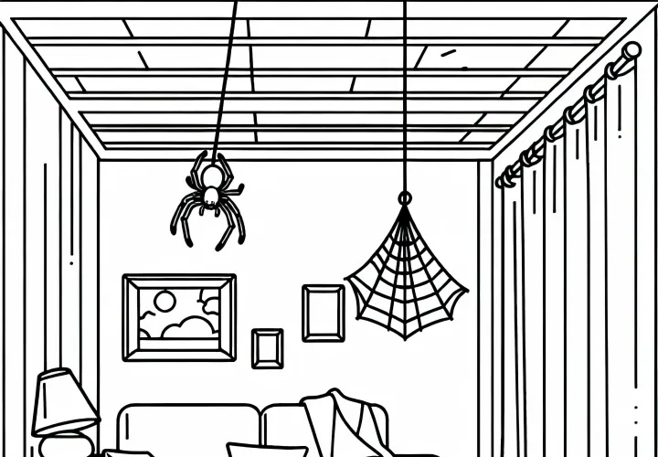 Pavúk visí na niti zo stropu izby – obrázok na vymaľovanie zadarmo