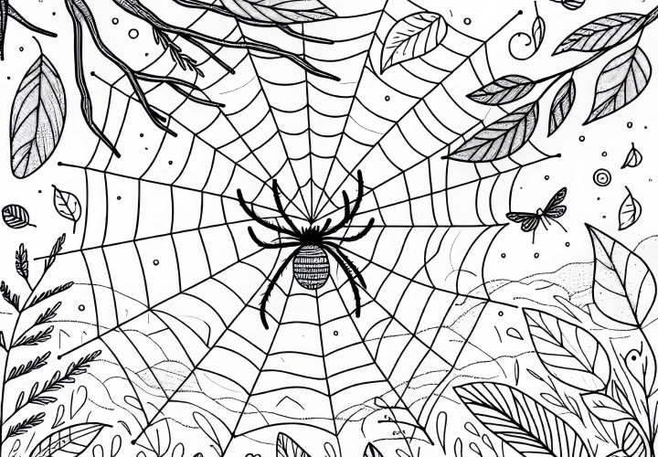 Pavúk tká svoju sieť – Snímka na vyfarbovanie zadarmo