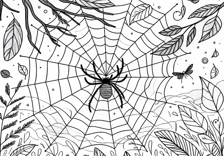 Pavúk tká svoju sieť – Snímka na vyfarbovanie zadarmo