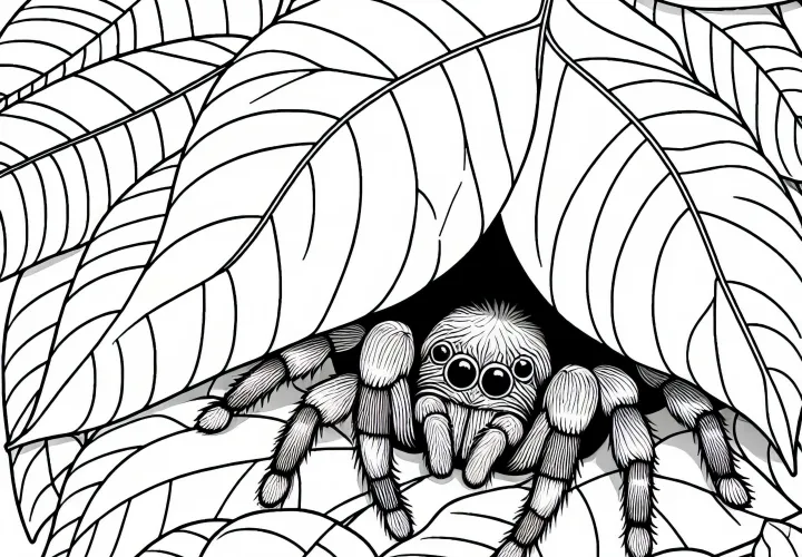 Pavúk sa skrýva pod listom – Maľovanka zadarmo