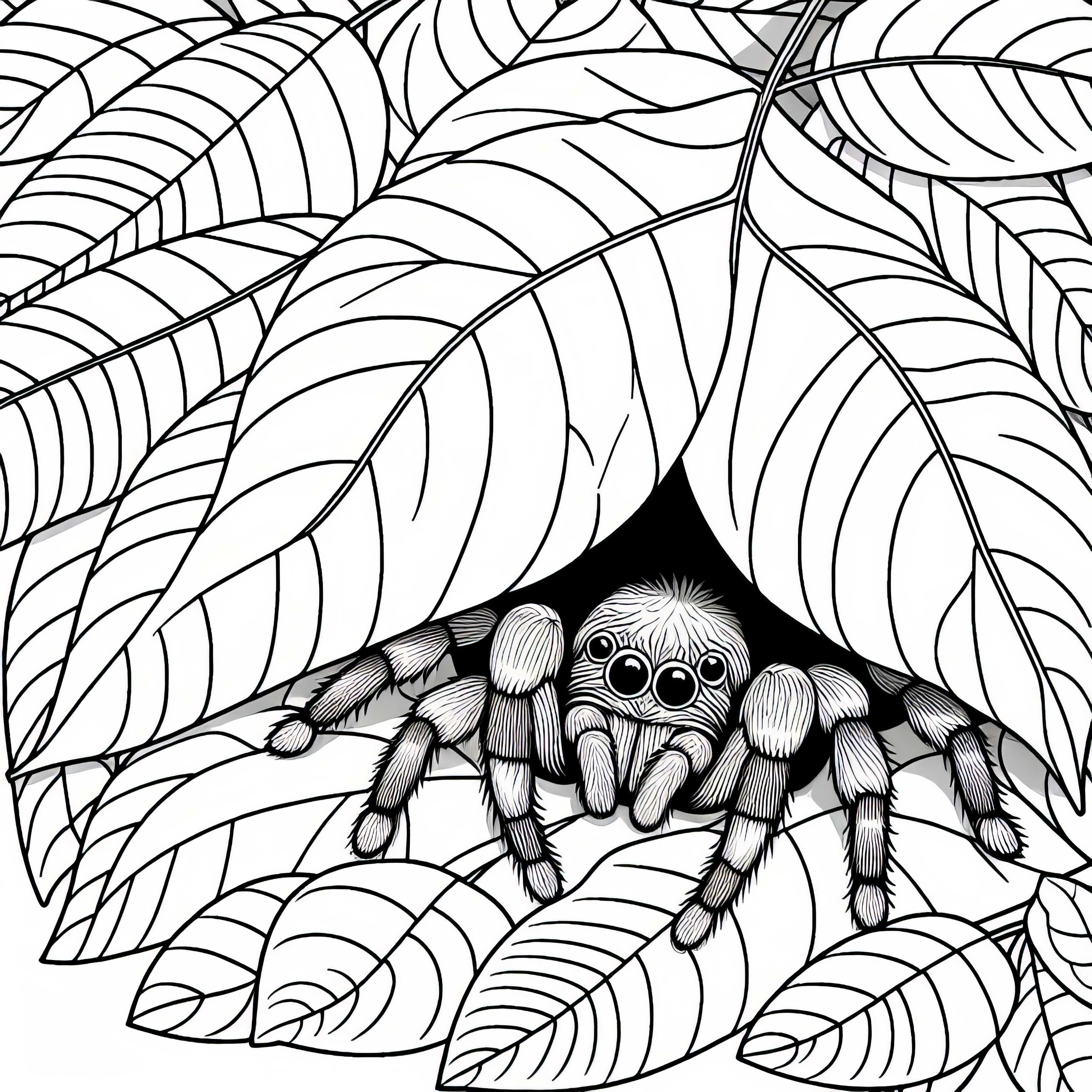 Pavúk sa skrýva pod listom – bezplatná maľovanka Pavúk sa skrýva pod listom – bezplatná vymaľovávací predloha