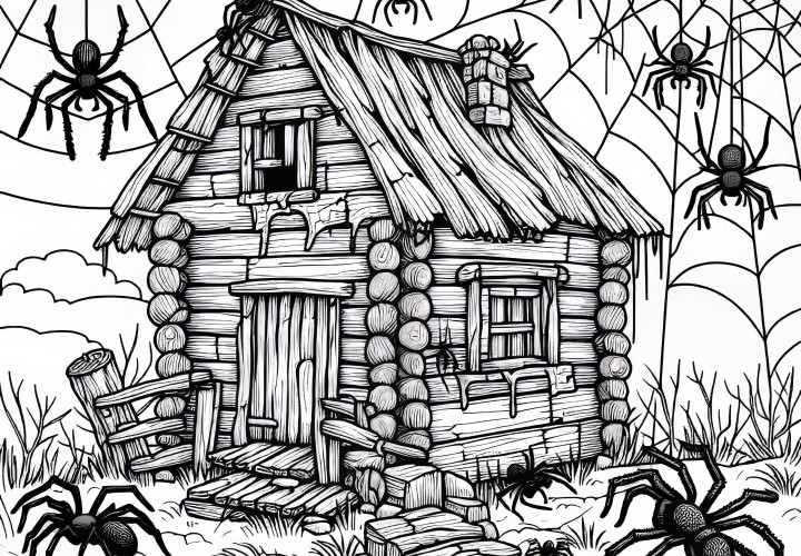 Pavúky okolo starého domu so sieťami – Návrh na maľovanie zadarmo