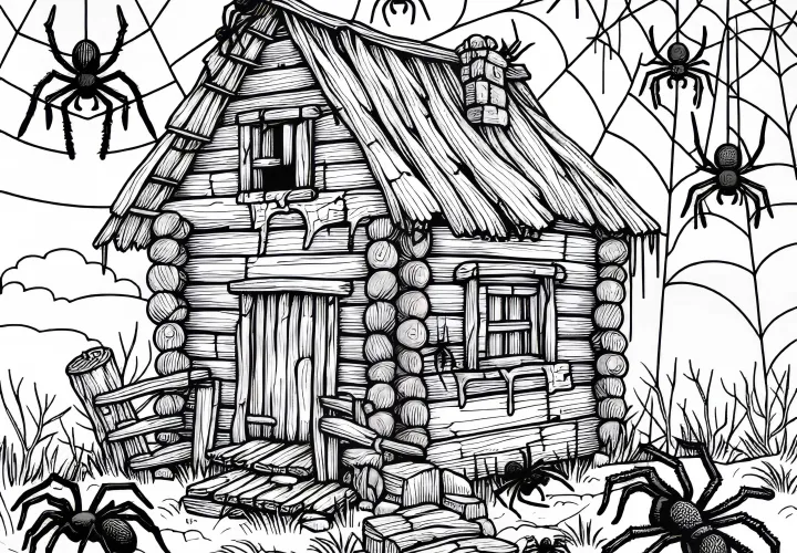 Pavúky okolo starého domu so sieťami – Návrh na maľovanie zadarmo