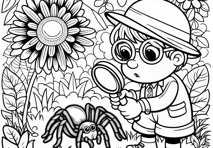 Dieťa objavuje pavúka v záhrade s lupou - Voľný náčrt na maľovanie