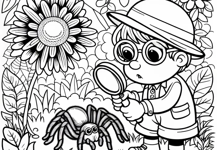 Dieťa objavuje pavúka v záhrade s lupou - Voľný náčrt na maľovanie