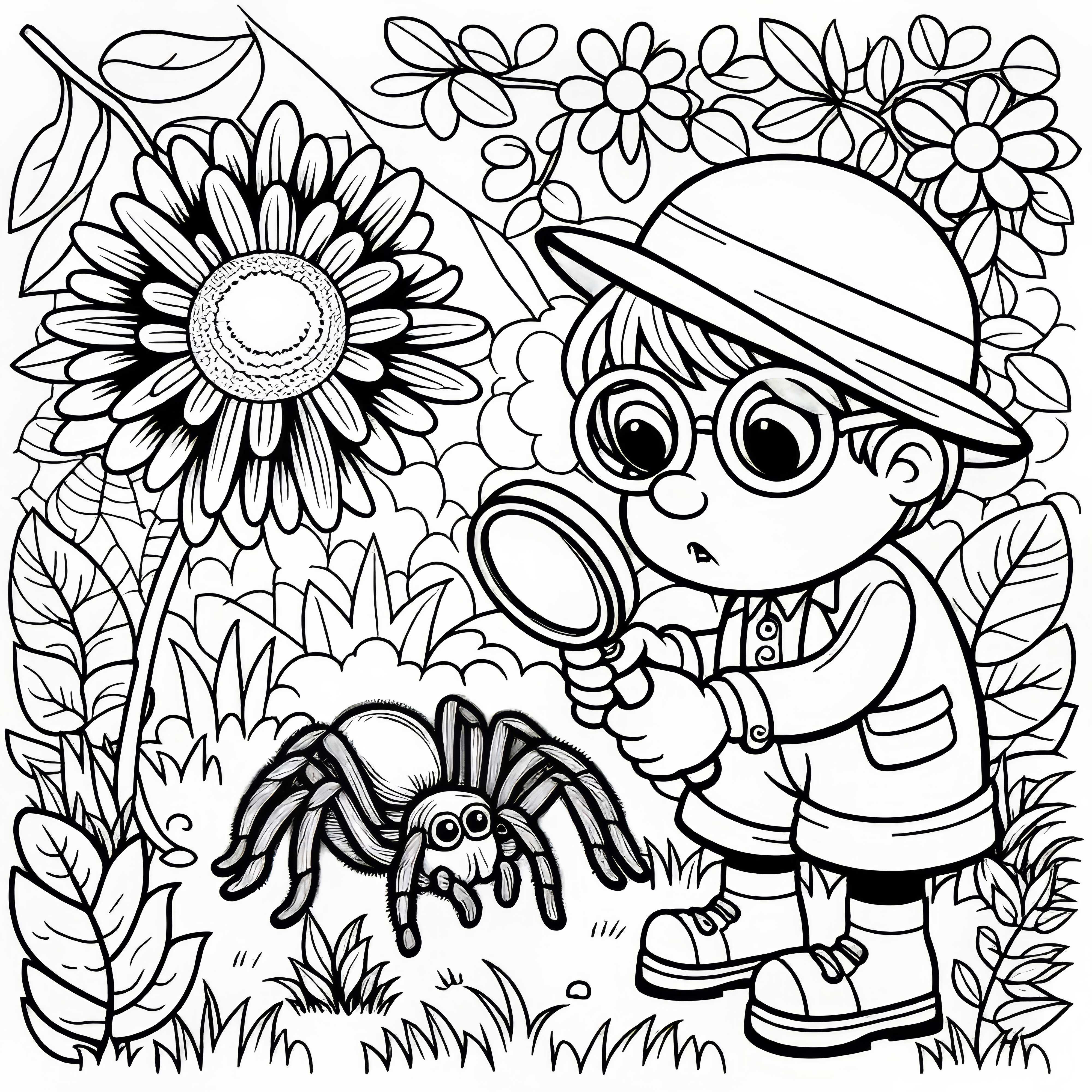 Dieťa objaví pavúka na záhrade s lupou – Šablóna na maľovanie zadarmo Dieťa objaví pavúka na záhrade so zväčšovacím sklom – Bezplatná farbička
