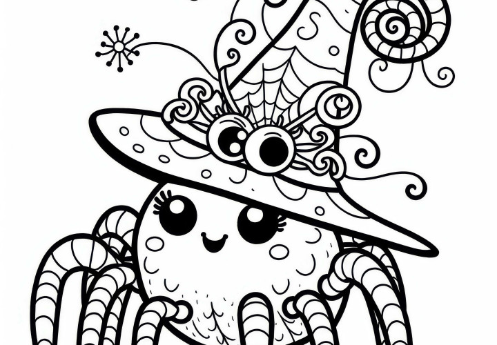 Fantázijná pavúka so zábavným tvárou a klobúkom – zadarmo na vytlačenie