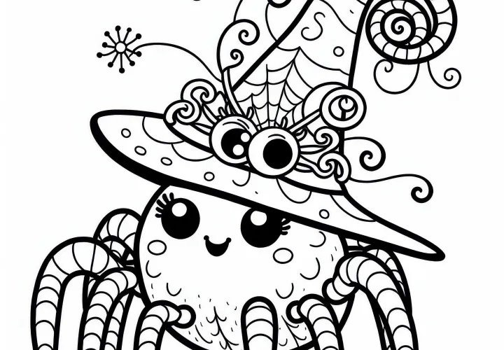 Fantázijná pavúka so zábavným tvárou a klobúkom – zadarmo na vytlačenie