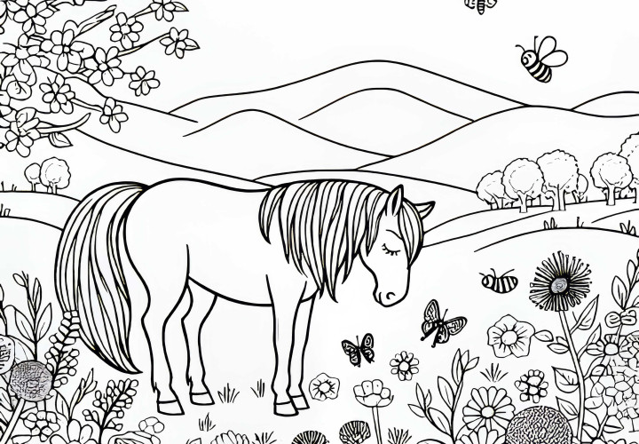 Kôň pokojne stojí na jarnej lúke – bezplatný obrázok na vymaľovanie