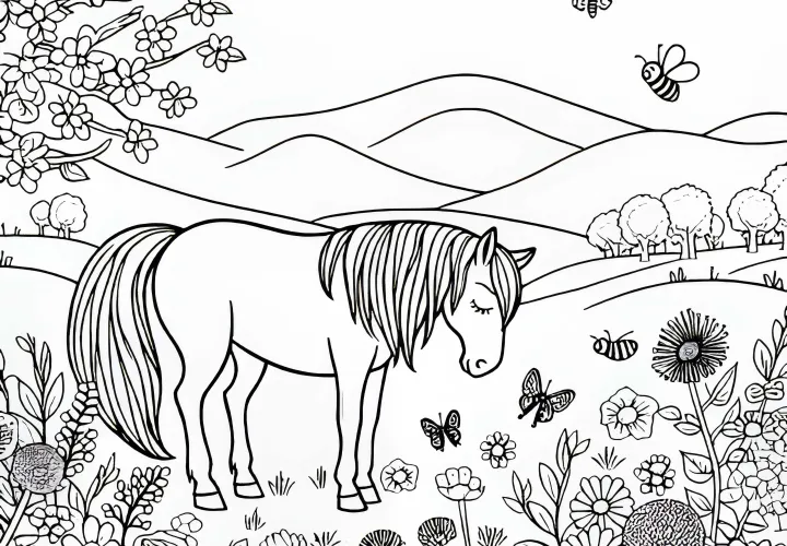 Kôň pokojne stojí na jarnej lúke – bezplatný obrázok na vymaľovanie