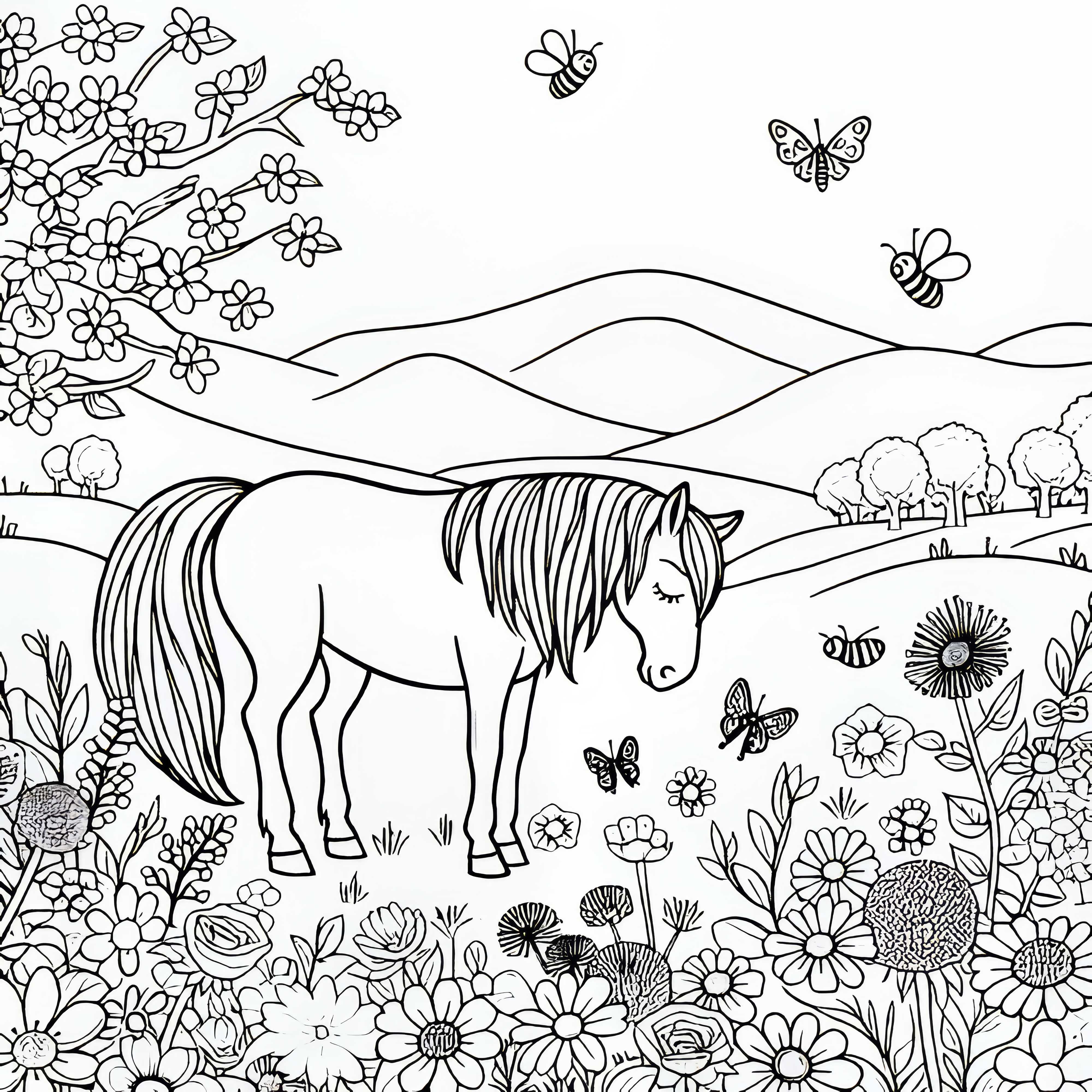 Kôň pokojne stojí na jarných lúkach – Bezplatná omaľovánka Kôň pokojne stojí na jarnej lúke – Bezplatný obrázok na vyfarbenie