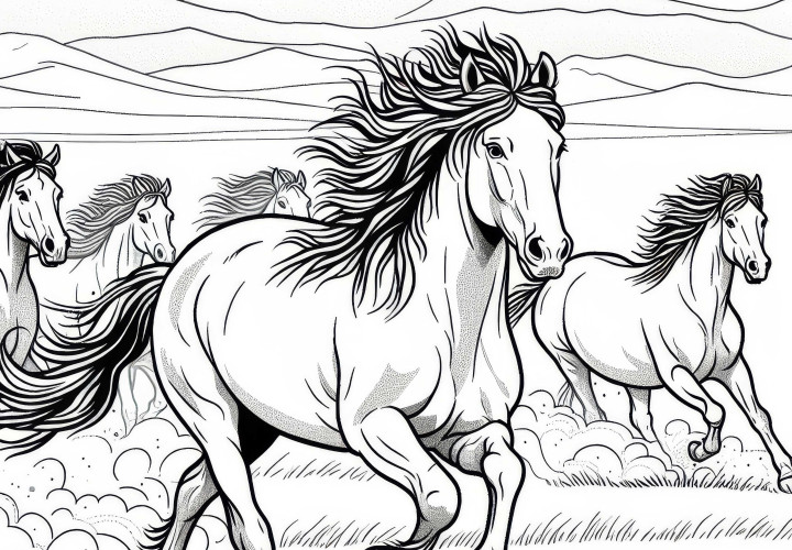Divoké kone cválajú cez široké stepy – bezplatná predloha na maľovanie