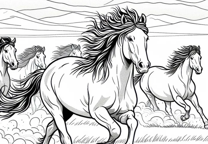 Divoké kone cválajú cez široké stepy – bezplatná predloha na maľovanie