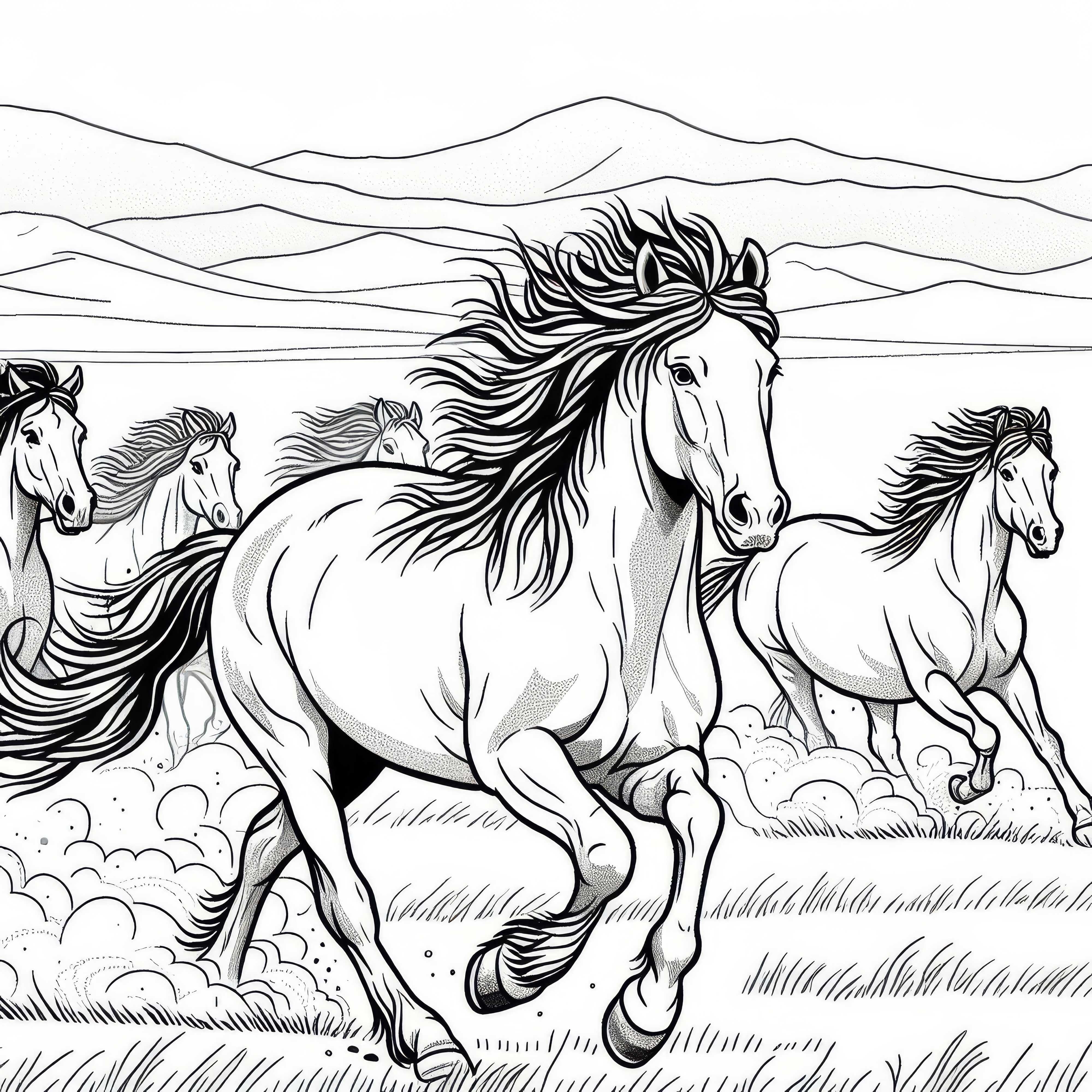 Divoké kone galoppujú cez širokú step – zadarmo na stiahnutie Divoké kone galopujú cez široké stepi – bezplatná omaľovánka