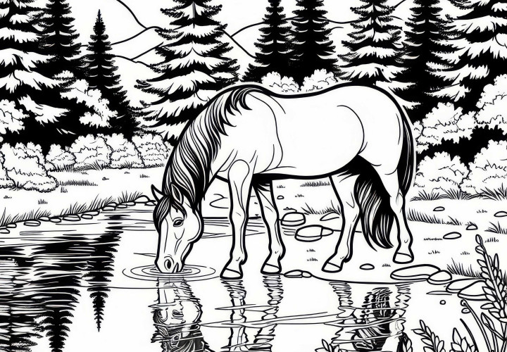 Kôň pije z potoka v lese – Zábavný obrázok zadarmo