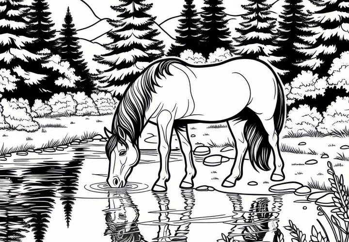 Kôň pije z potoka v lese – Zábavný obrázok zadarmo