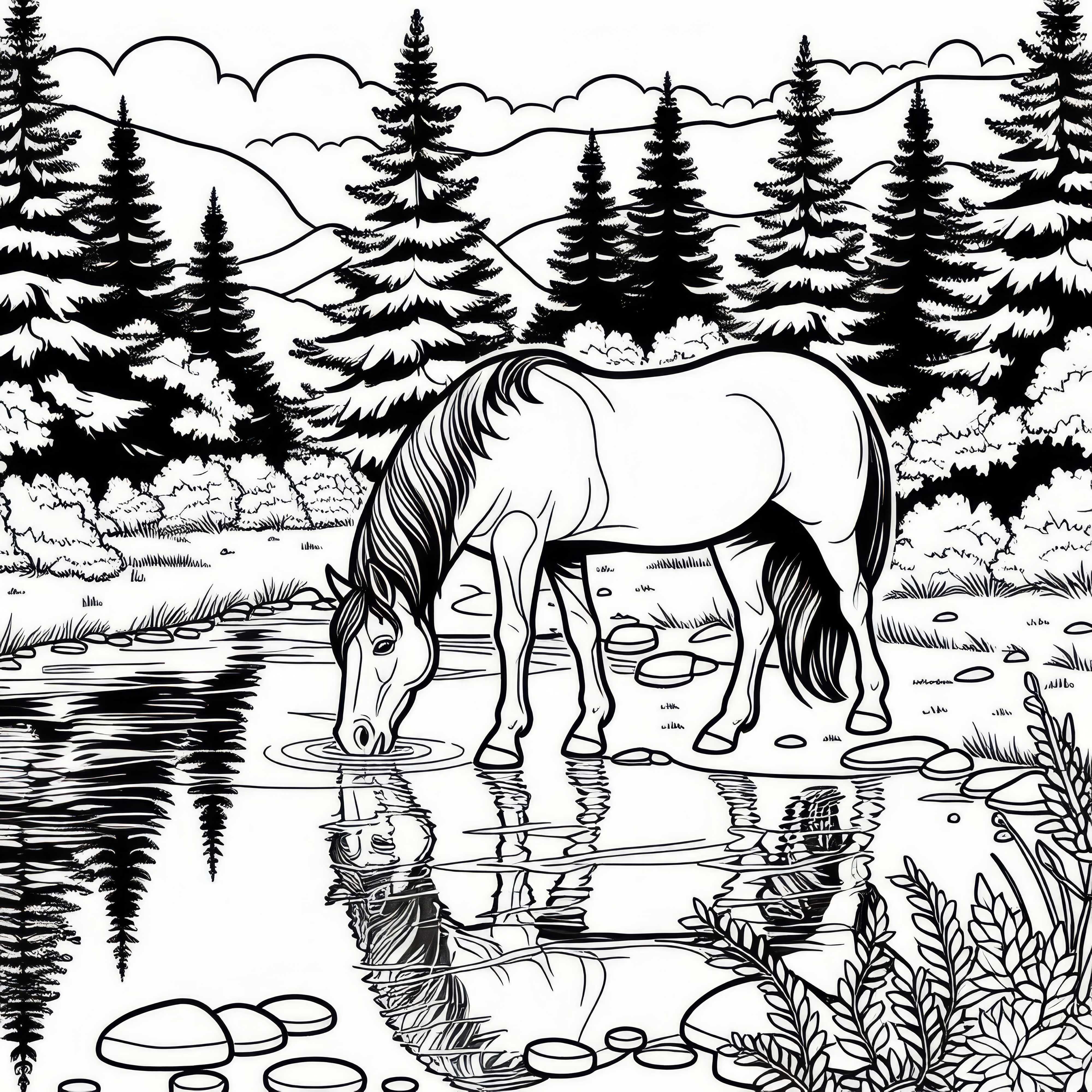Kôň pije z potoka v lese – Zadarmo omalovánka Kôň pije z potoka v lese – omalovánka zadarmo