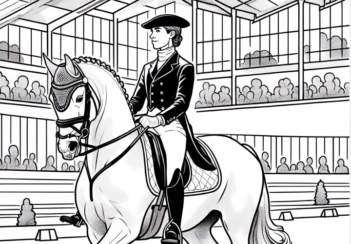 Jazdkyňa pri drezúre v jazdárskej hale – bezplatný obrázok na vymaľovanie