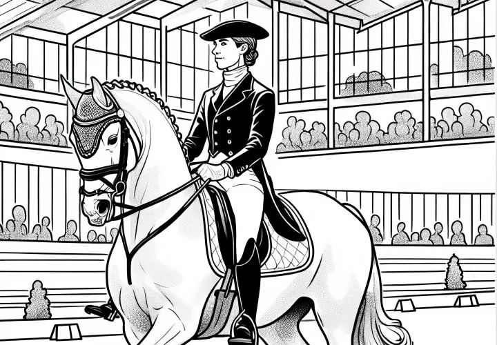 Jazdkyňa pri drezúre v jazdárskej hale – bezplatný obrázok na vymaľovanie