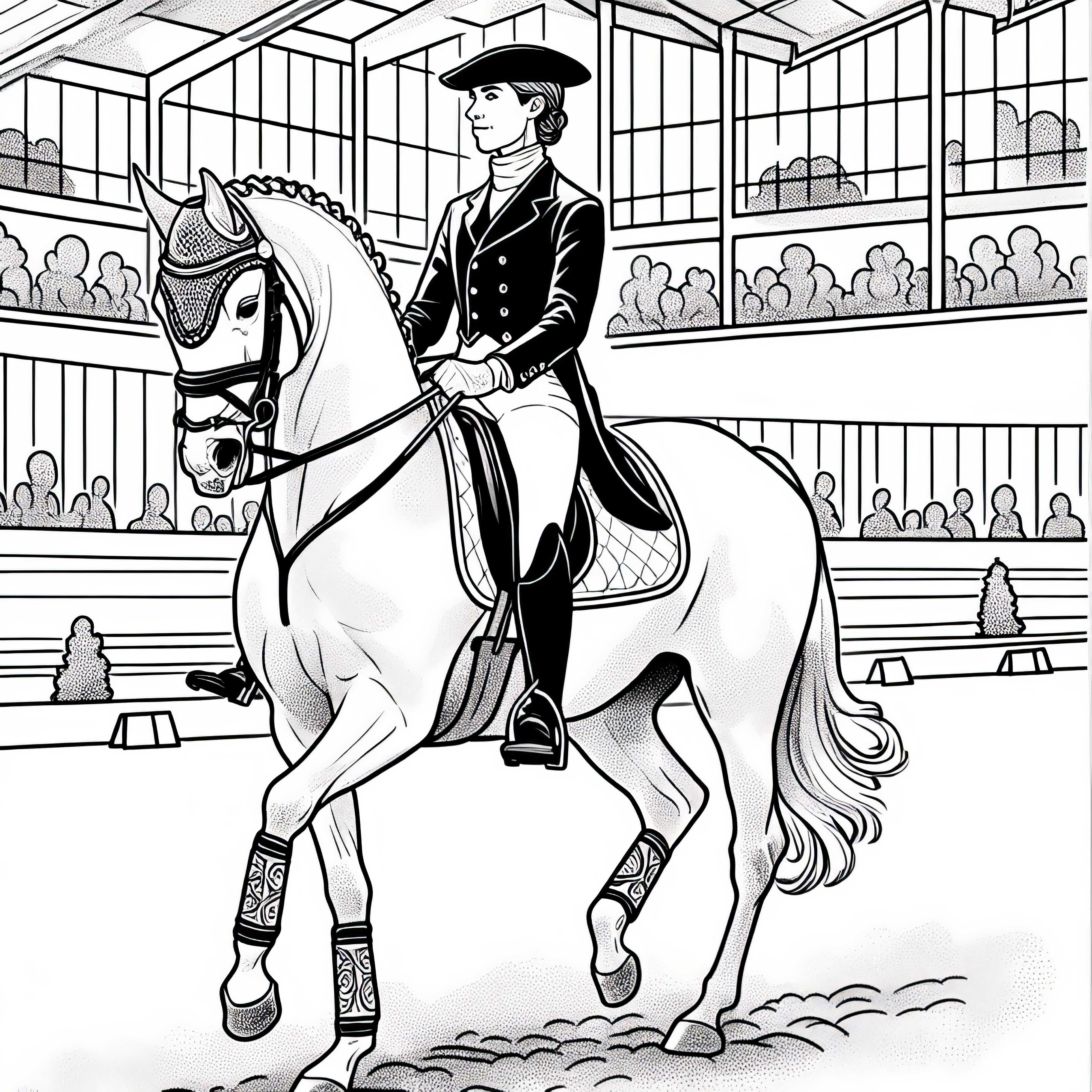 Jazdkyňa pri drezúre v jazdeckej hale – Maľovanka zadarmo Jazdkyňa pri drezúre v jazdiarni – zadarmo omaľovánka