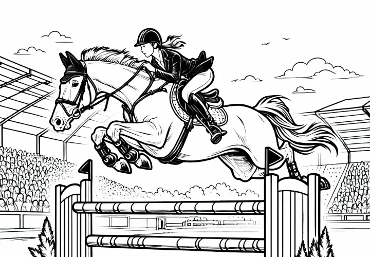 Bezplatný obrázok na vymaľovanie jazdca na skokoch