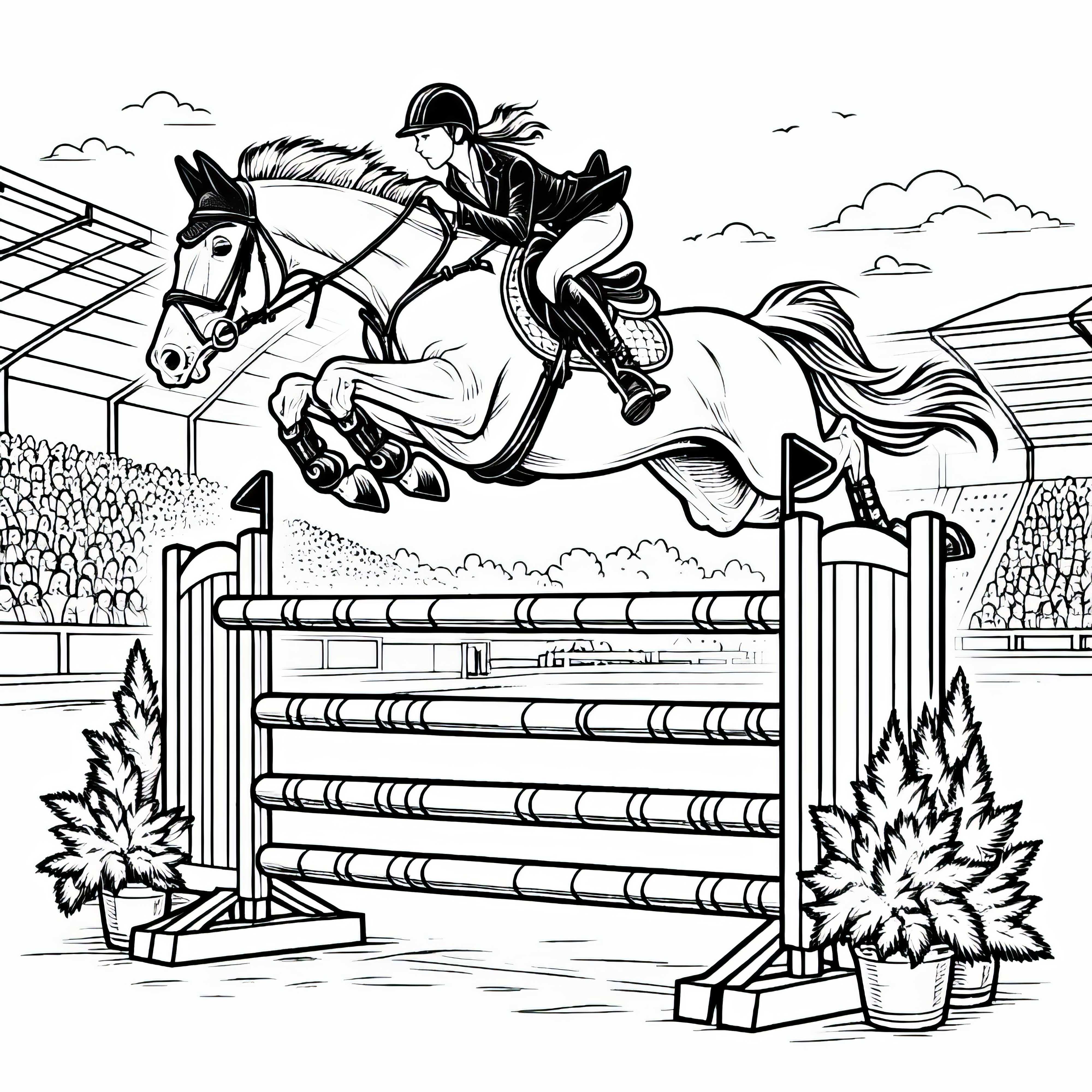 Bezplatná omaľovánka jazdca na skákanie Bezplatný obrázok na vymaľovanie skokana na koni