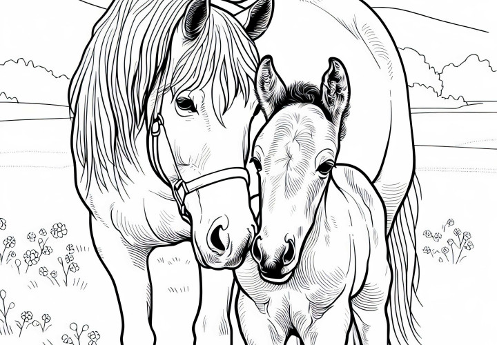 Kôň a hříbätko na paši – Vytlačiteľná predloha zdarma