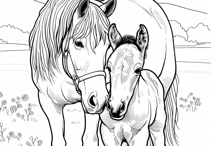 Kôň a hříbätko na paši – Vytlačiteľná predloha zdarma