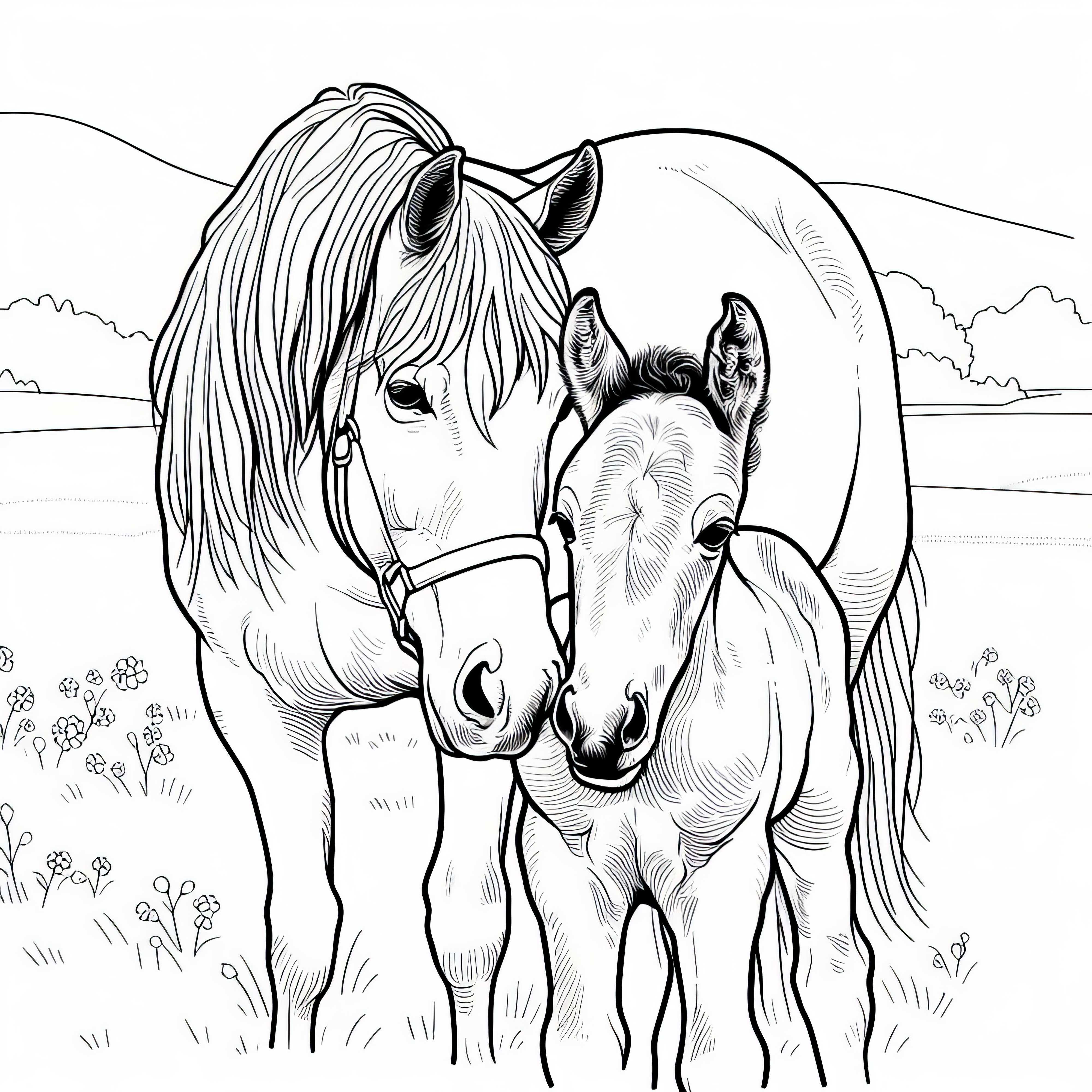 Kôň a hříba na pastve – Maľovacia predloha zdarma Kôň a hříbätko na pastvine – Vymaľovánka zadarmo