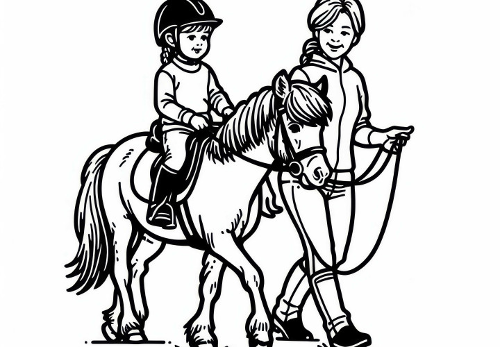 Dieťa v materskej škole jazdí na poníkovi počas jazdeckého výcviku - bezplatná predloha na maľovanie