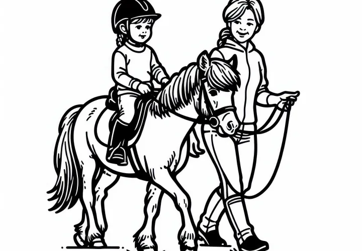 Dieťa v materskej škole jazdí na poníkovi počas jazdeckého výcviku - bezplatná predloha na maľovanie