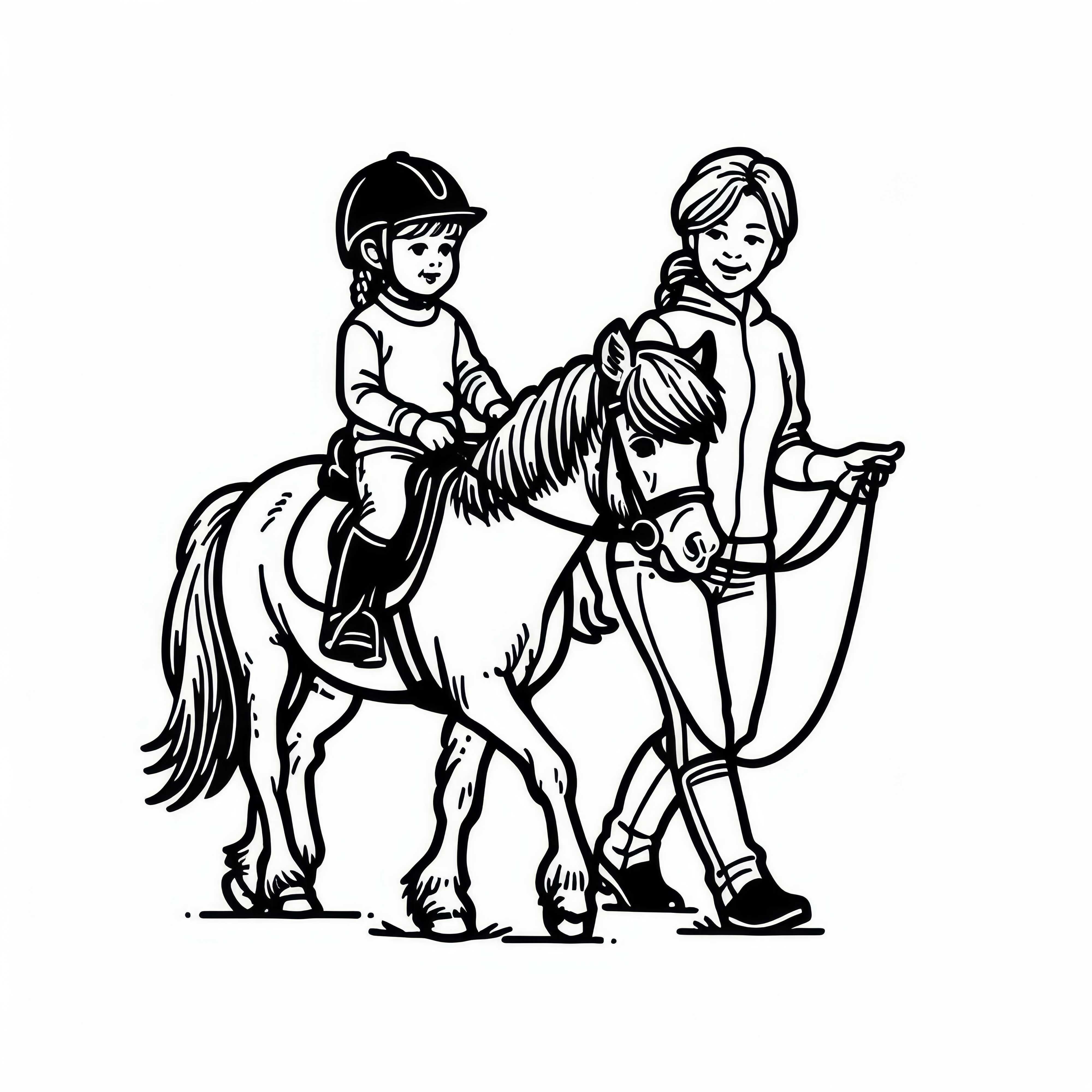 Dieťa v materskej škole jazdí na poníku počas jazdeckej hodiny - bezplatná omaľovánka Dieťa v materskej škole jazdí na poníku počas jazdeckej lekcie – bezplatná vymaľovanka