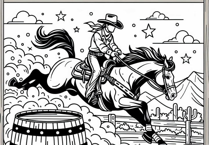 Západný kôň s jazdcom pri pretekoch s barelmi – maľovanka zadarmo