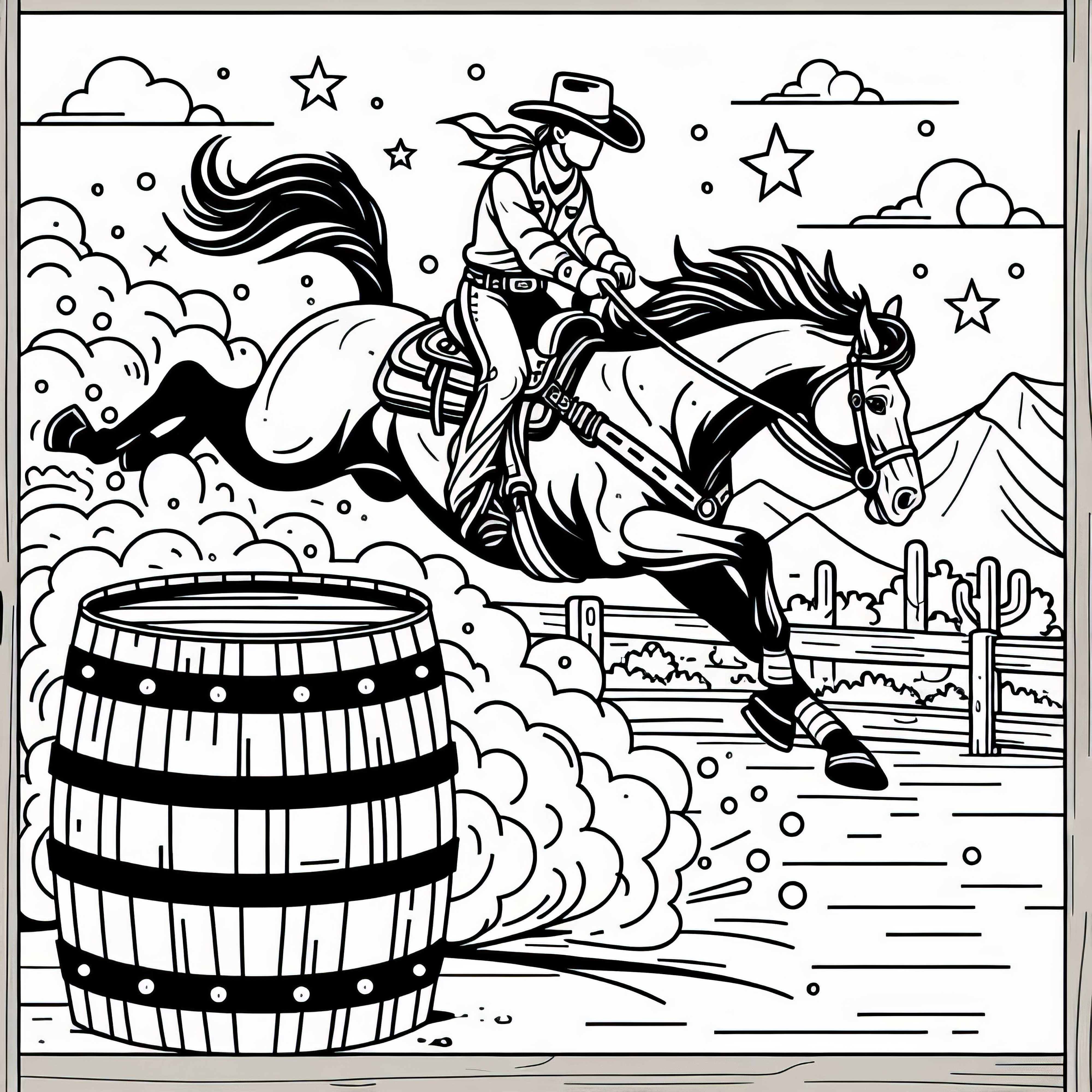 Západný kôň s jazdcom pri barrel race – farbička zadarmo Západný kôň s jazdcom pri pretekoch v bareloch – obrázok na vymaľovanie zadarmo