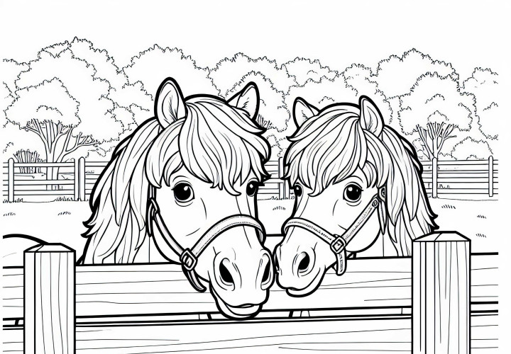 Dve kone zvedavo strčia hlavy cez plot na paši – Omaľovánka zadarmo
