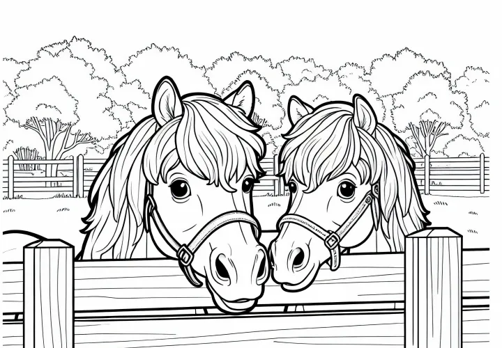 Dve kone zvedavo strčia hlavy cez plot na paši – Omaľovánka zadarmo