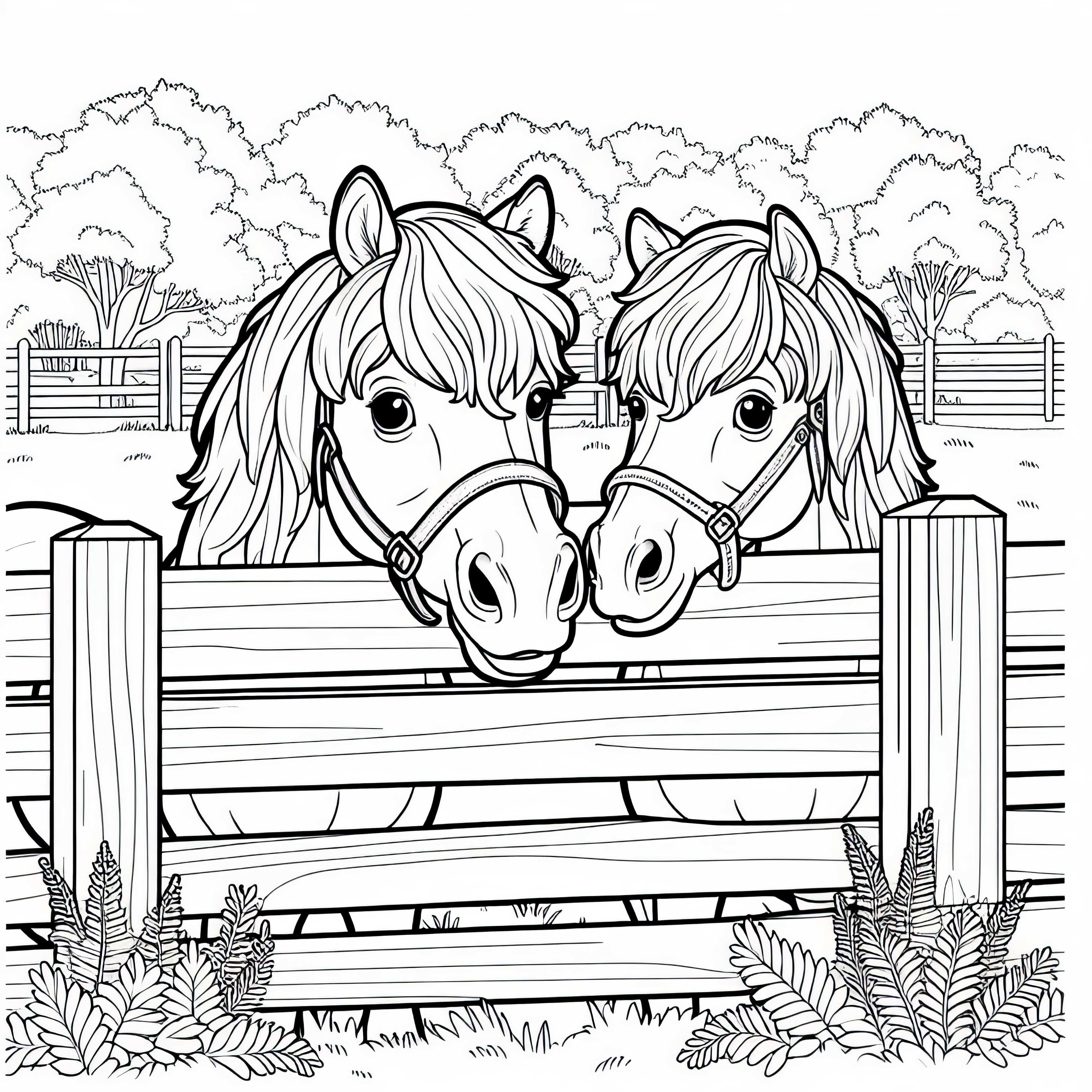 Dve kone zvedavo strčia hlavy cez ohradník – Maľovanka zadarmo Dva kone zvedavo vystrkujú hlavy cez plot na paši - Maľovanka zadarmo