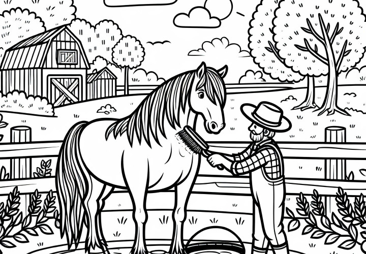 Kôň sa česá na farme – Bezplatná maľovacia predloha