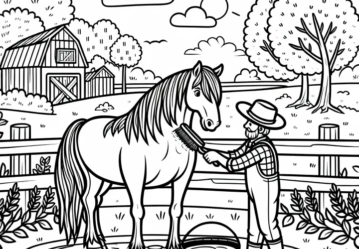 Kôň sa česá na farme – Bezplatná maľovacia predloha