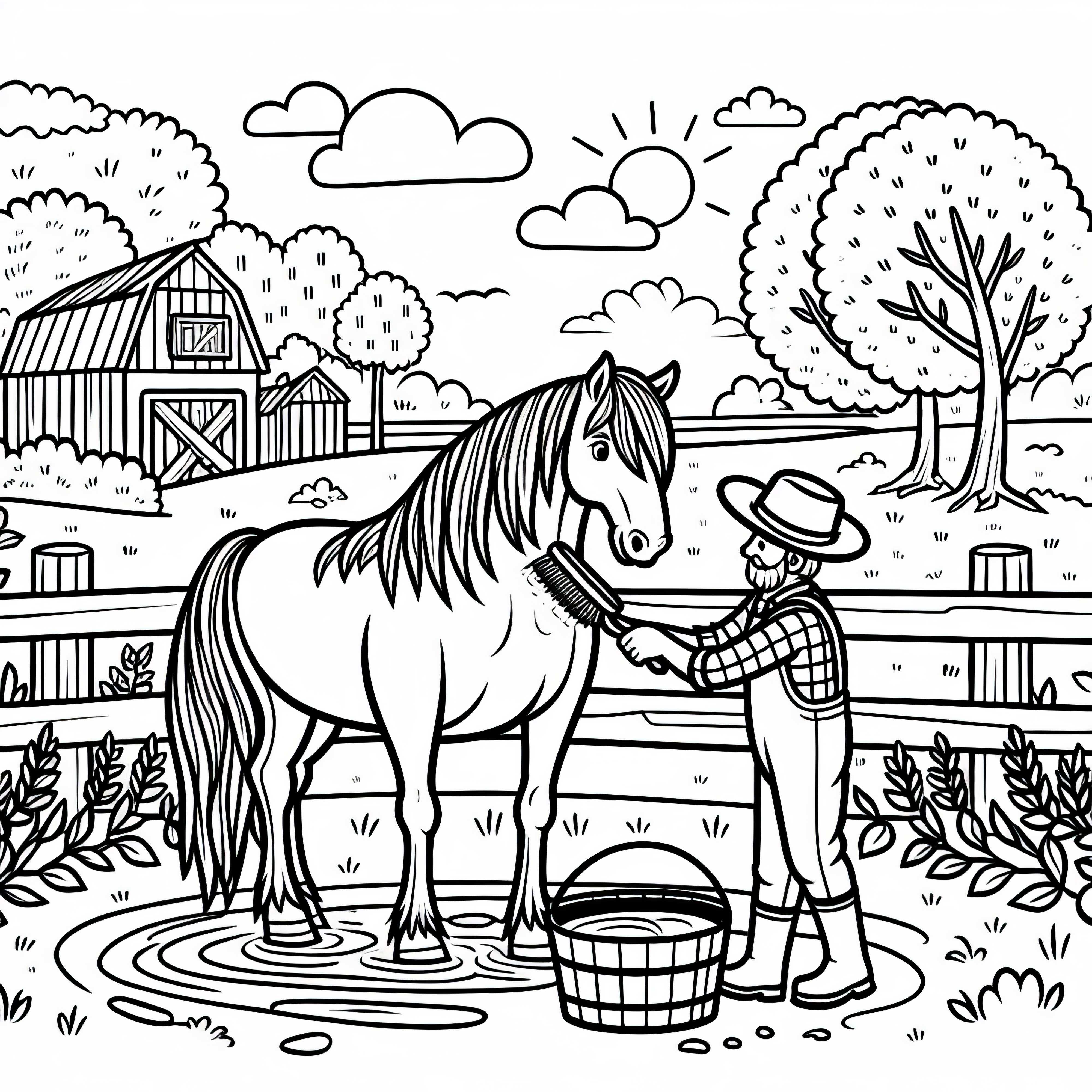 Kôň sa česá na farme – Bezplatná maľovacia predloha Kôň sa čistí na farme – zadarmo na stiahnutie maľovanka