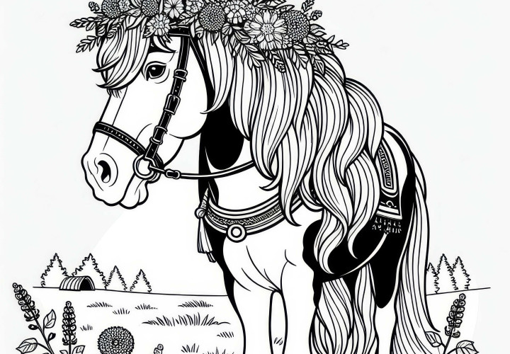 Kôň s kvetinovým vencom vo vlasoch – zadarmo na vymaľovanie
