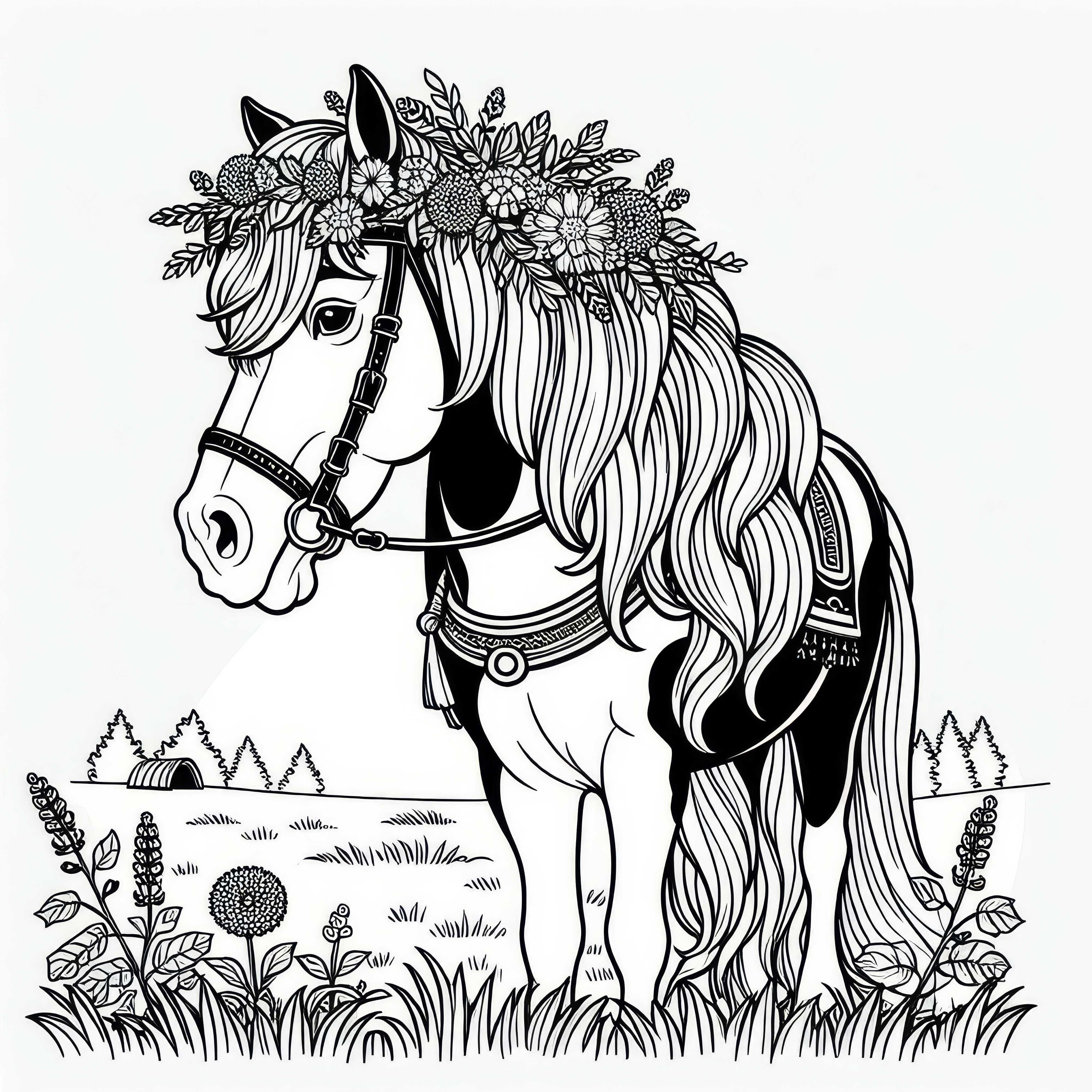 Kôň s kvetinovým vencom vo vlasoch – Bezplatný obrázok na vymaľovanie Kôň s kvetinovým vencom vo vlasoch – bezplatná omalovánka