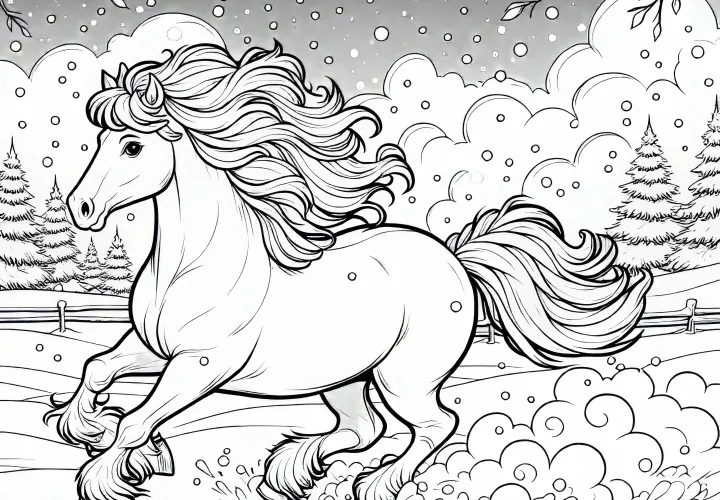 Bezplatný vymaľovánka s koňom v snehu Bezplatný vymaľovánka s koňom v snehu