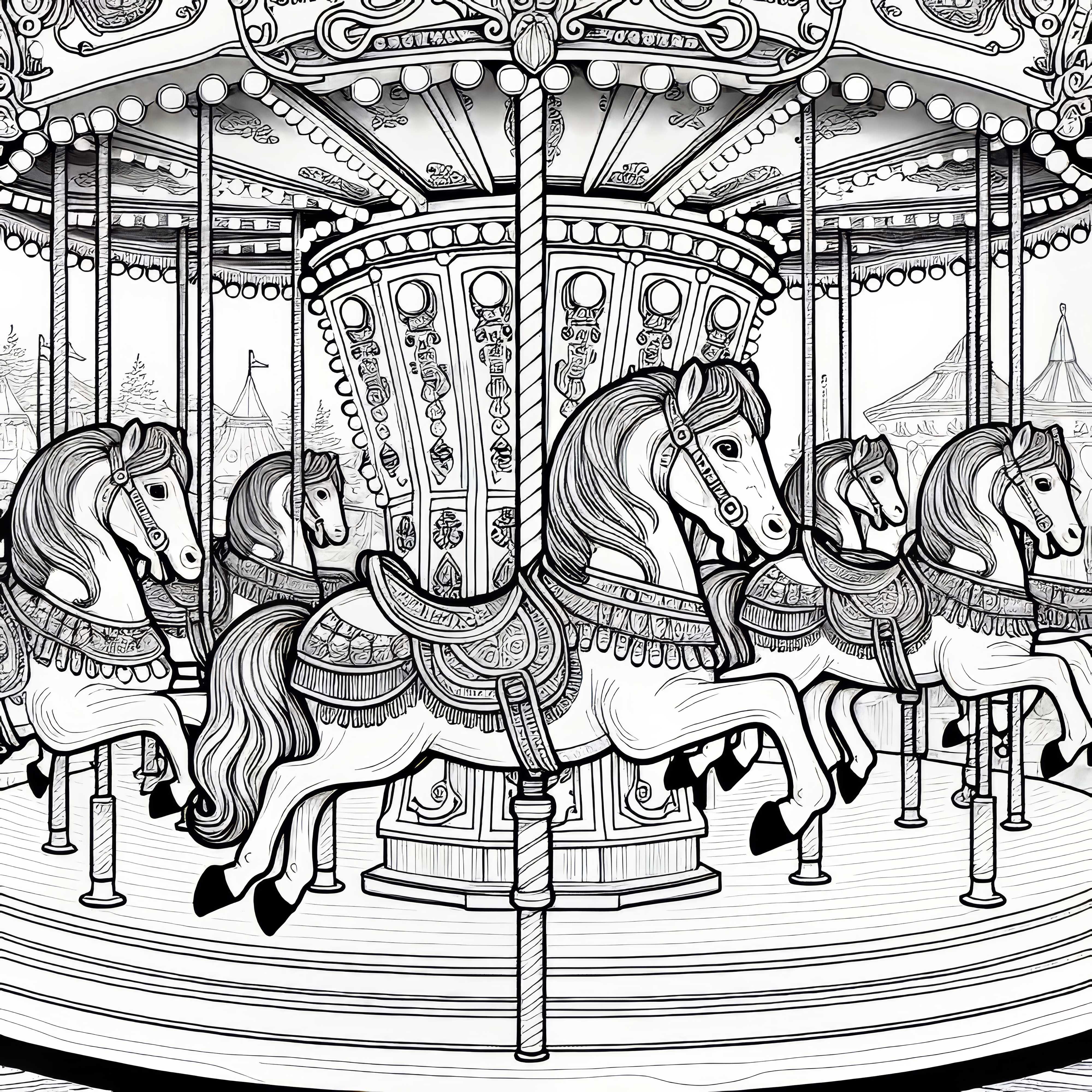 Jazdecké kolotoče na jarmoku – Bezplatná omalovánka Jazdný kolotoč s koňmi na jarmoku – Bezplatná omaľovánka