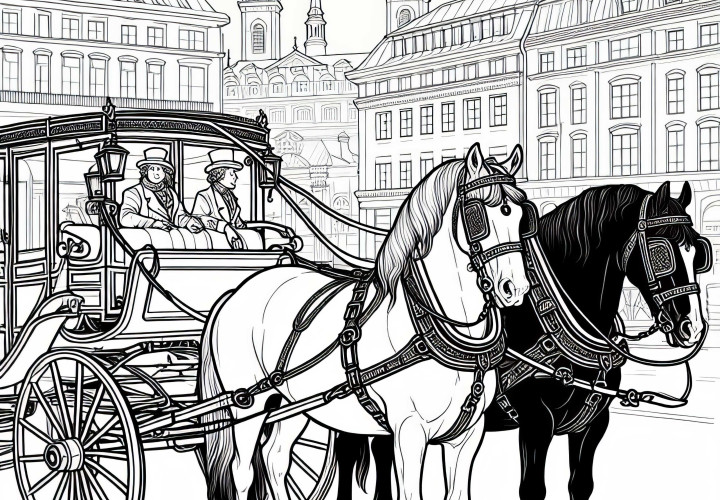 Kočovné kone pred historickým vozom – Zbadal obrázok na vymaľovanie na stiahnutie zadarmo