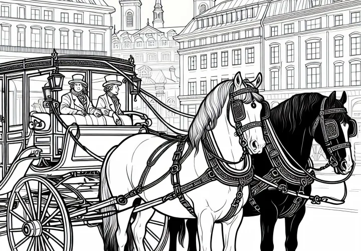 Kočovné kone pred historickým vozom – Zbadal obrázok na vymaľovanie na stiahnutie zadarmo